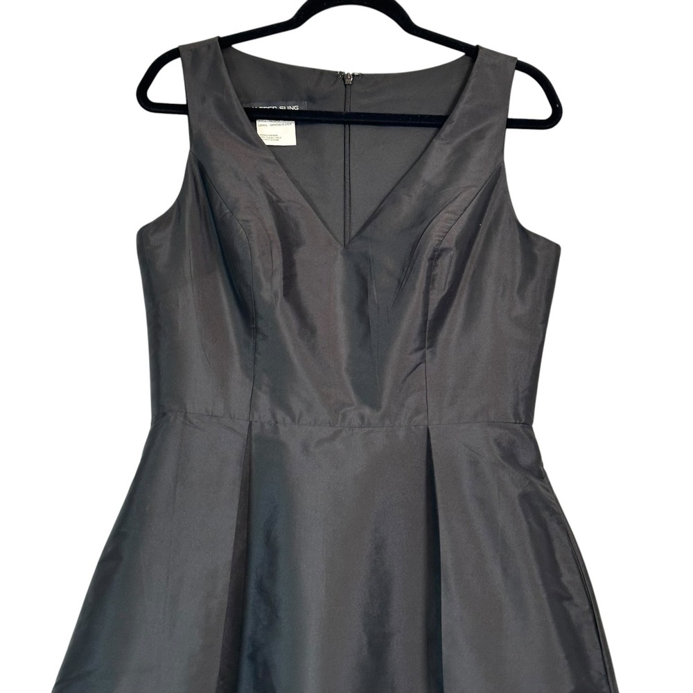 Alfred Sung Midi Dress High Low V-Neck Pleated Pocket Black‎ 12 Dupioni Satin - Picture 3 of 11